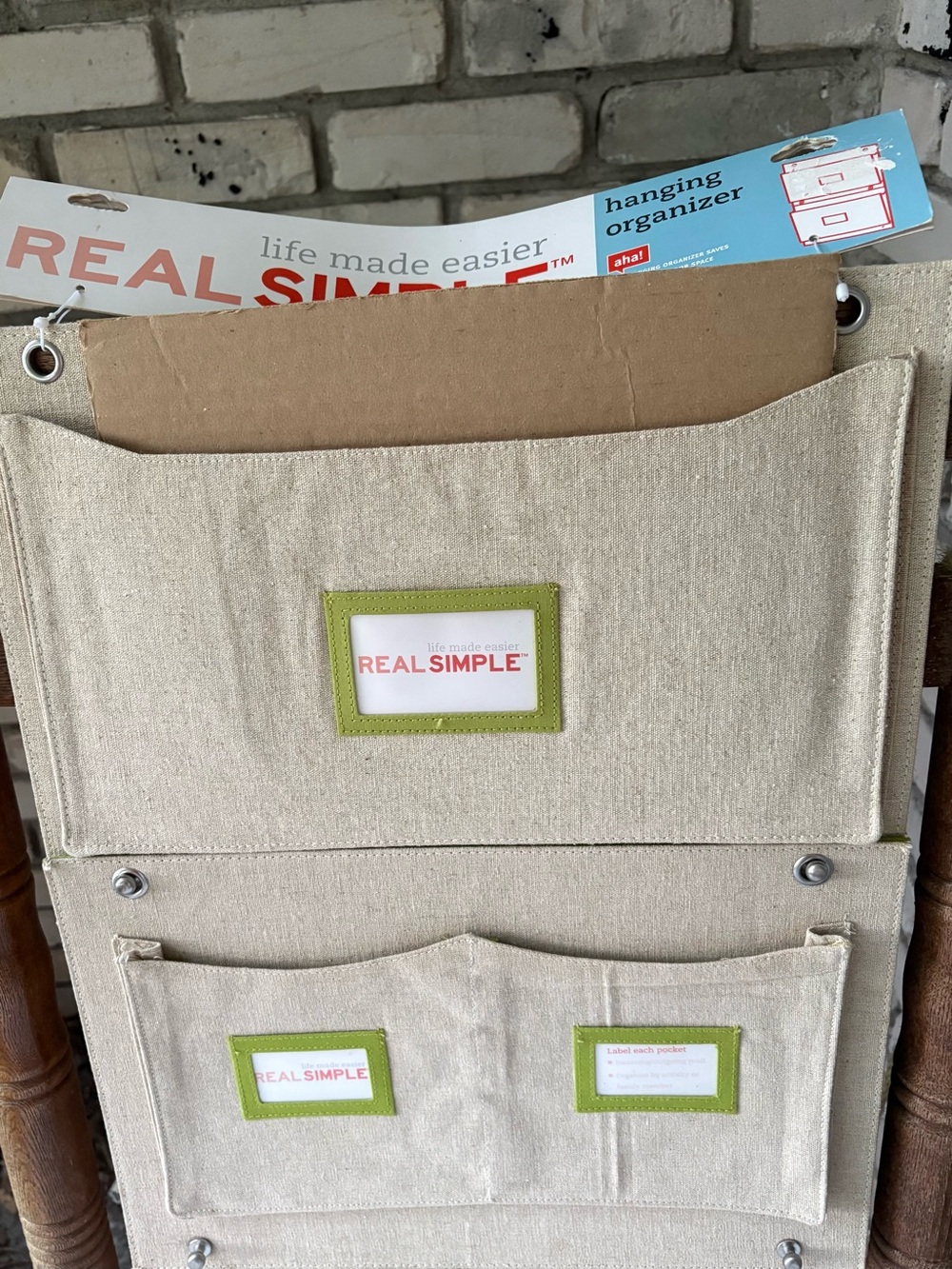 Real Simple wall mount Beige Hanging Organizer with Green Trim